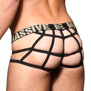 ANDREW CHRISTIAN Black & Gold spider back open mesh brief (XL)